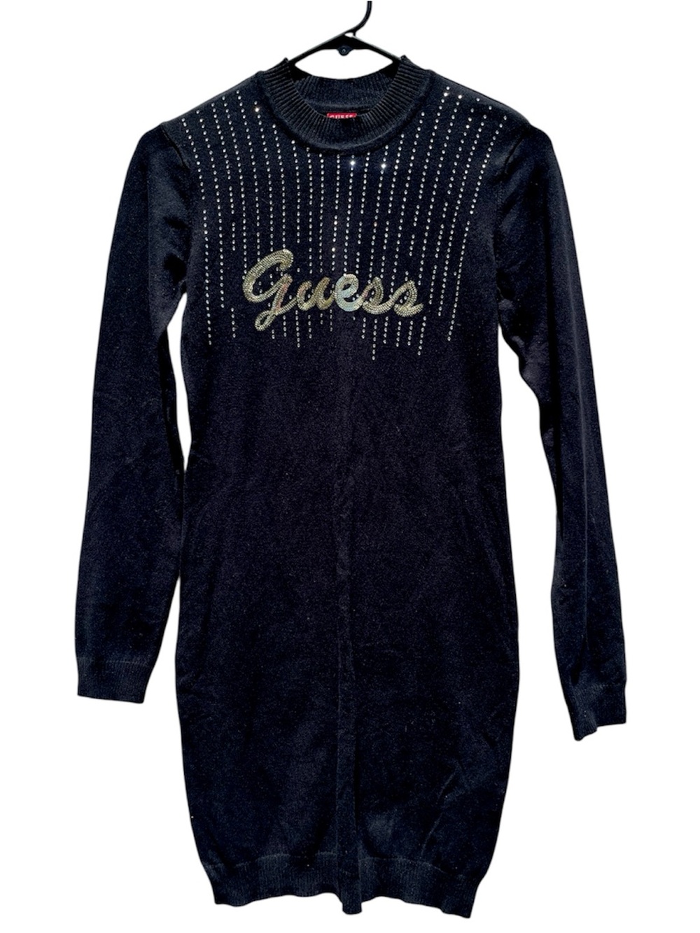 GUESS Black Knit Sweater Dress with Gold Sequins and Rhinestones